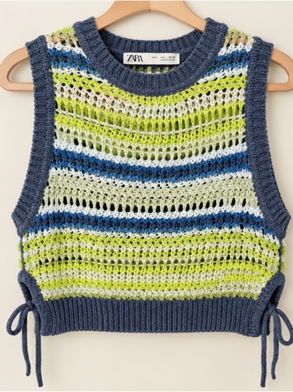 Zara Striped Open-Knit Tank Top in Blue, Lime & White